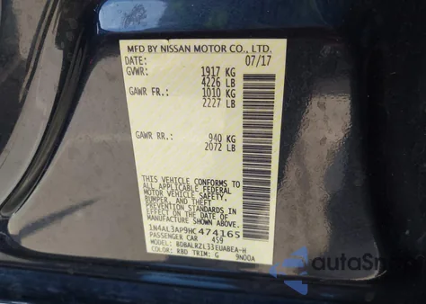 2017 Nissan Altima 2.5 Sl z USA, uszkodzony, nr VIN 1N4AL3AP9HC474165